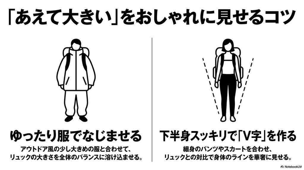 グレゴリーデイパック26Lの大きさをカバーするゴープコアスタイルと、V字シルエットを作るコーディネート例