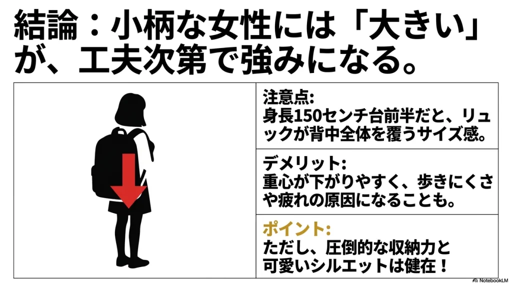 身長150cm台の女性がグレゴリーデイパック26Lを背負った際のサイズ感と、重心やシルエットにおけるメリット・デメリット