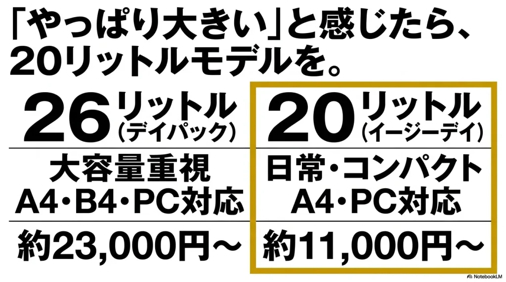 グレゴリーのデイパック（26L）とイージーデイ（20L）の容量、特徴、価格の比較スライド