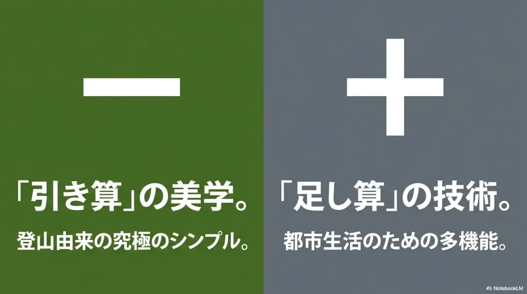 レトナの「『引き算』の美学」とルーヌの「『足し算』の技術」をマイナスとプラスの記号で対比 。登山由来の究極のシンプルさと都市生活のための多機能を表現 。