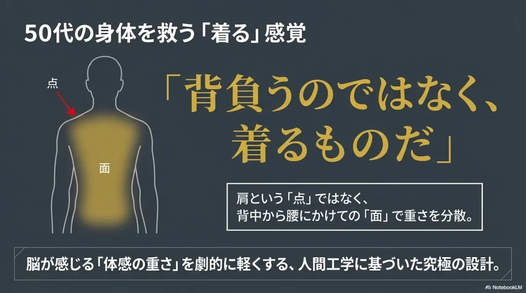 肩の「点」ではなく背中から腰にかけての「面」で重さを分散させる、グレゴリーの人間工学に基づいた究極の設計図