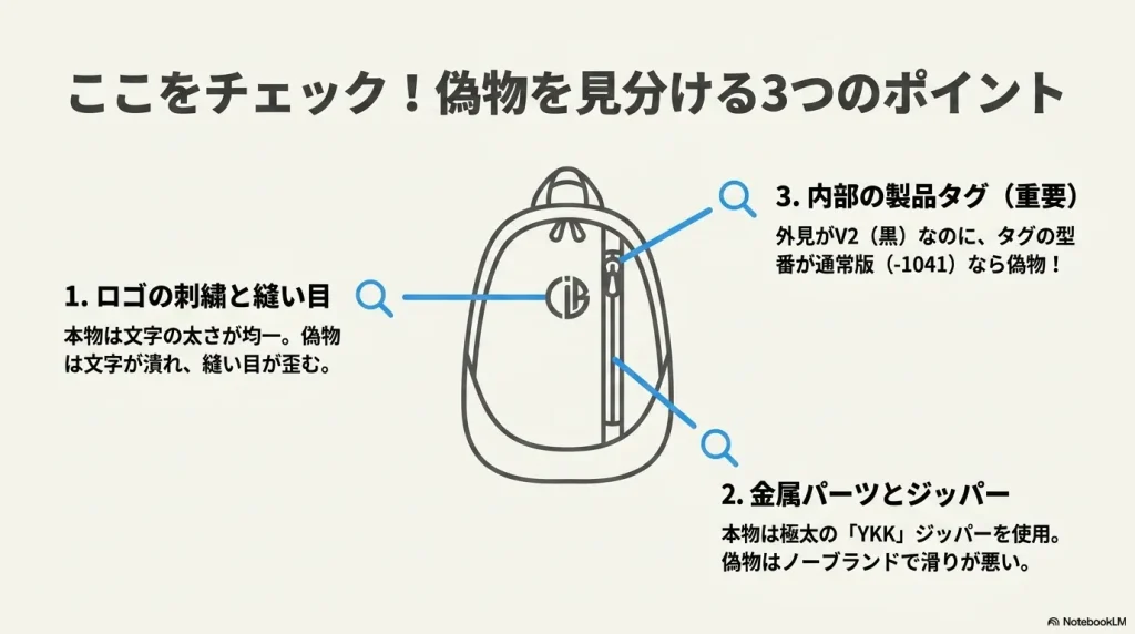 ロゴの刺繍、YKK極太ジッパー、内部製品タグなどグレゴリーの偽物を見分ける3つの重要なポイント