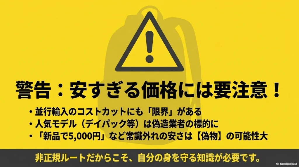 新品で5,000円など常識外れの安さは偽物の可能性が高いという注意喚起