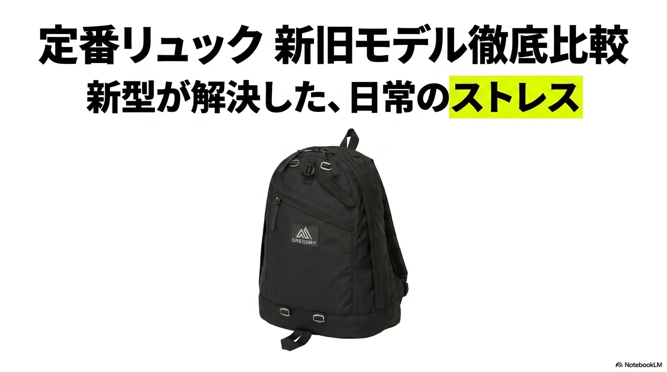 グレゴリーのファインデイV2と旧型モデルの徹底比較を解説する表紙スライド。黒いファインデイのリュック画像。