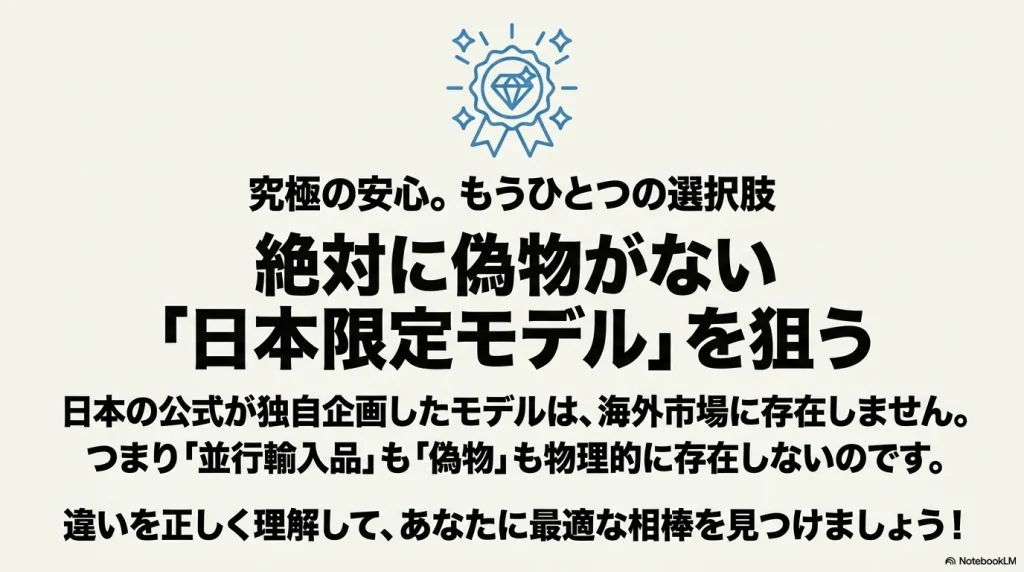 並行輸入も偽物も物理的に存在しない究極の安心である日本限定モデルの提案