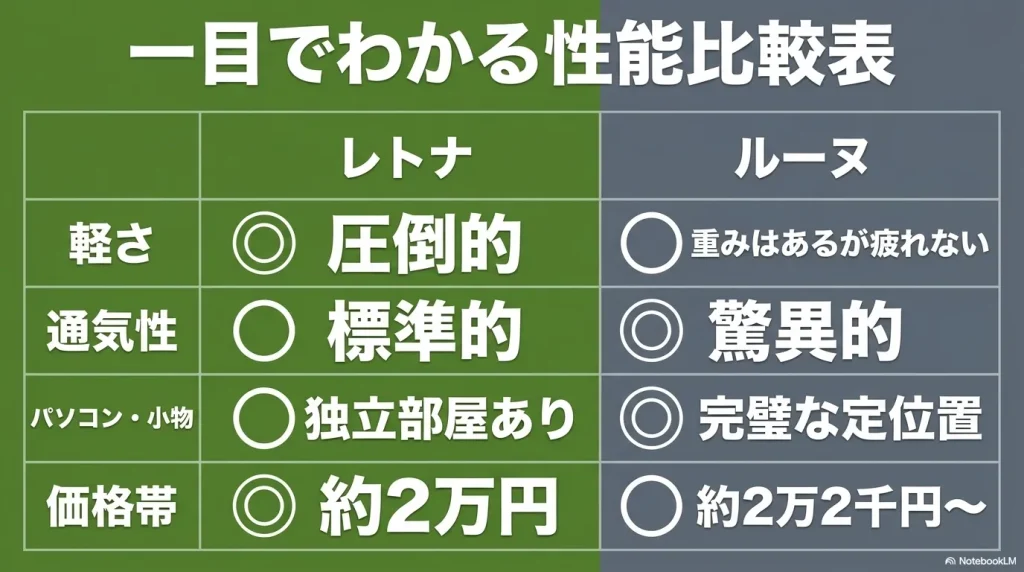 軽さ、通気性、パソコン・小物、価格帯の4項目でレトナとルーヌを比較した「一目でわかる性能比較表」