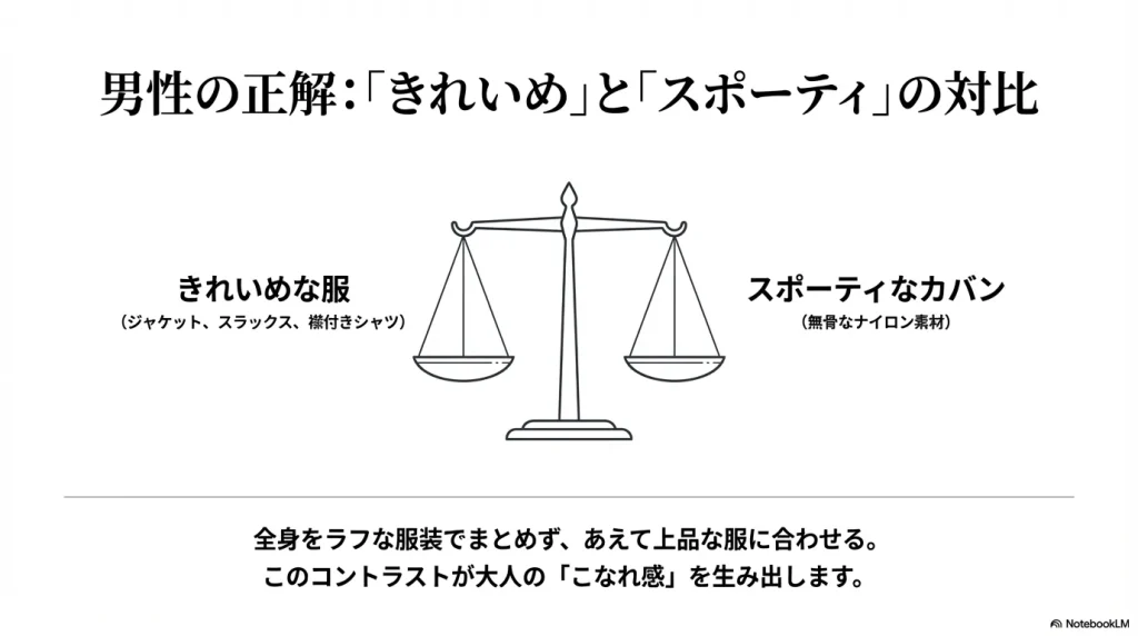 大人の男性の正解はきれいめな服とスポーティなカバンの対比でこなれ感を生み出すこと
