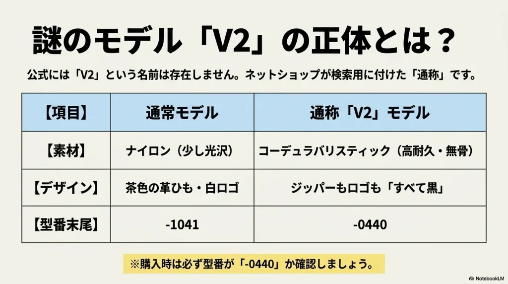 公式には存在しない通称V2モデル（コーデュラバリスティック）と通常モデルの素材やデザインの違いを比較した表
