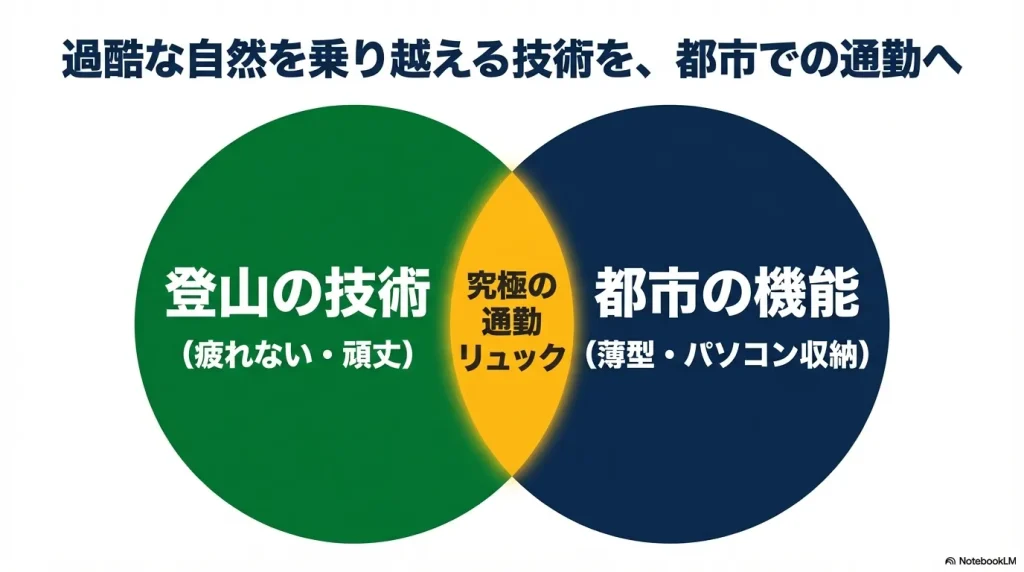 登山の技術を都市での通勤へ応用する、過酷な自然を乗り越える究極の都市機能を持ったビジネスリュック