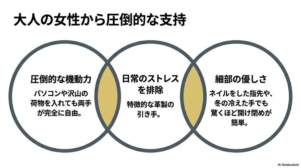 パソコンを入れても両手が自由になる圧倒的な機動力と、ネイルをした指先でも開け閉めが簡単な細部の優しさが女性に支持される理由