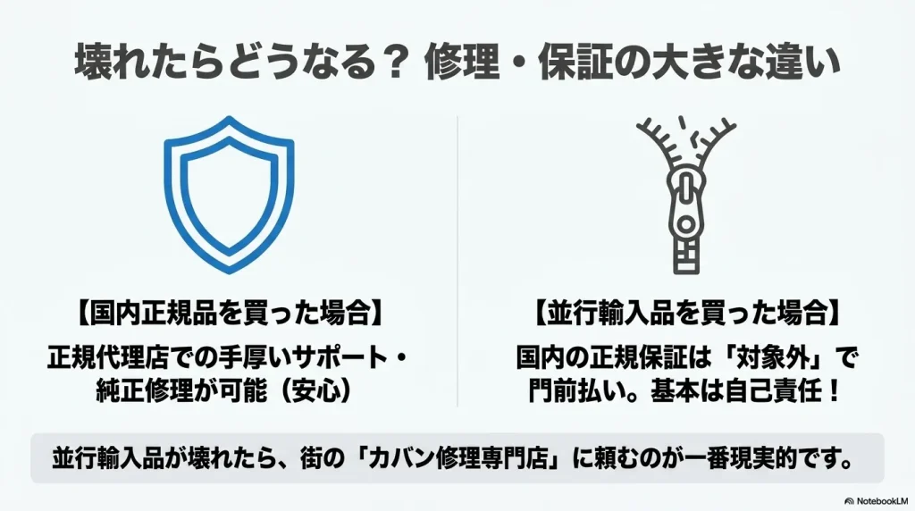 国内正規品の手厚い純正修理サポートと並行輸入品の自己責任となる保証の違い