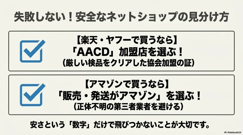 楽天のAACD加盟店やAmazon公式販売など失敗しない安全なネットショップの見分け方