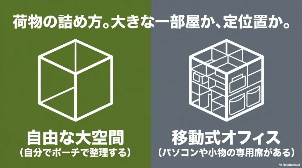 レトナの「自由な大空間 (自分でポーチで整理する)」とルーヌの「移動式オフィス (パソコンや小物の専用席がある)」の違い 。「荷物の詰め方。大きな一部屋か、定位置か。」という説明 。