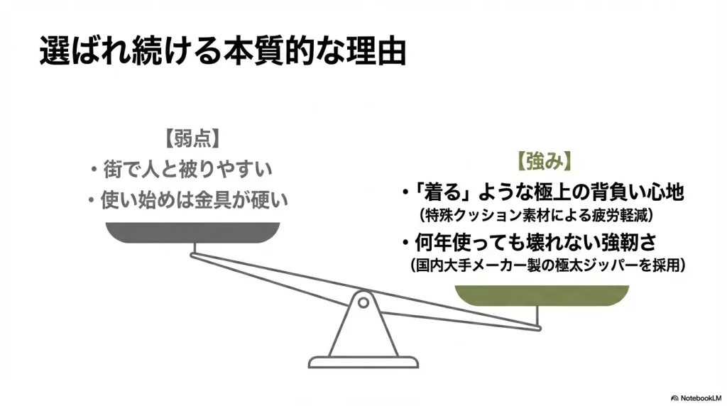 人と被りやすく金具が硬い弱点と、極上の背負い心地や壊れない強靭さという強みを比較した天秤の図