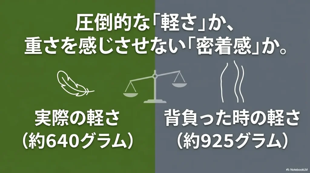 レトナの「実際の軽さ (約640グラム)」とルーヌの「背負った時の軽さ (約925グラム)」の違い 。「圧倒的な『軽さ』か、重さを感じさせない『密着感』か。」という説明 。