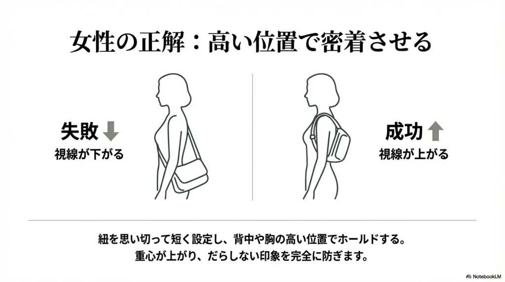 女性の正解は紐を短くして高い位置で密着させ視線を上げること