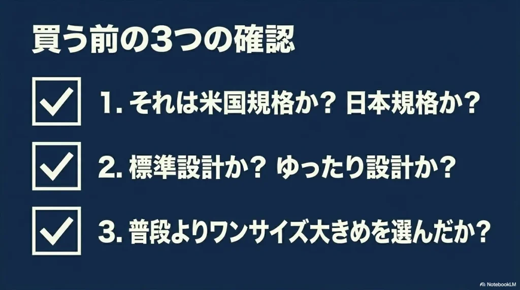 買う前の3つの確認 。1. それは米国規格か? 日本規格か? 2. 標準設計か? ゆったり設計か? 3. 普段よりワンサイズ大きめを選んだか?