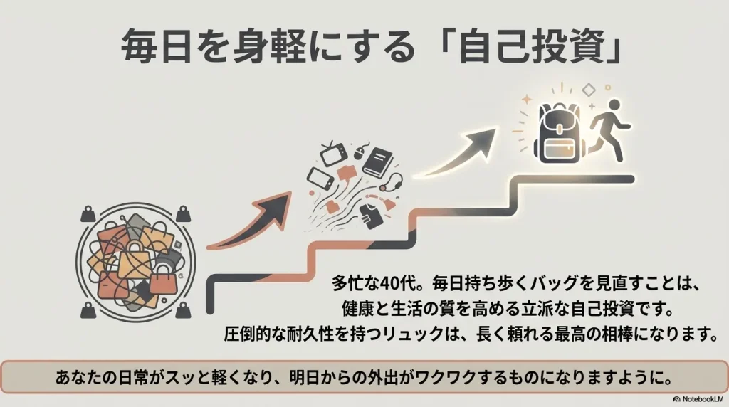 毎日を身軽にする「自己投資」 。圧倒的な耐久性を持つリュックは、多忙な40代の生活の質を高め、長く頼れる最高の相棒になります 。