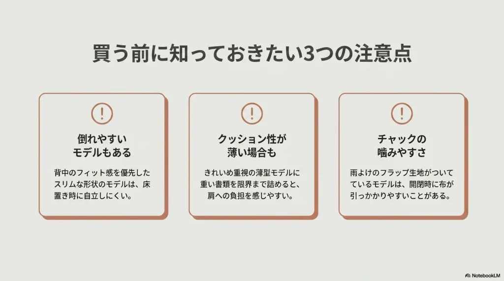 買う前に知っておきたい3つの注意点 。自立しにくいモデルがあること、クッション性が薄い場合があること、チャックが噛みやすいモデルがある点に注意が必要です 。