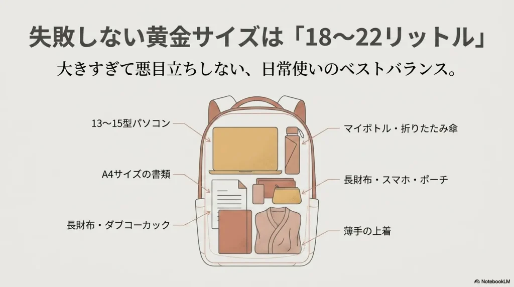 失敗しない黄金サイズは「18〜22リットル」 。13〜15型パソコン、A4サイズの書類、マイボトルなどの日常使いのアイテムがバランス良く収納できます 。
