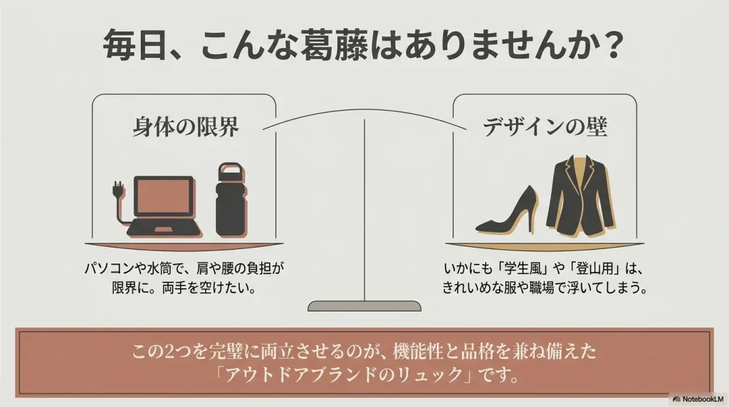 40代女性のリュック選びの葛藤 。パソコンや水筒による肩や腰への負担という「身体の限界」と、きれいめな服に合わないという「デザインの壁」 。