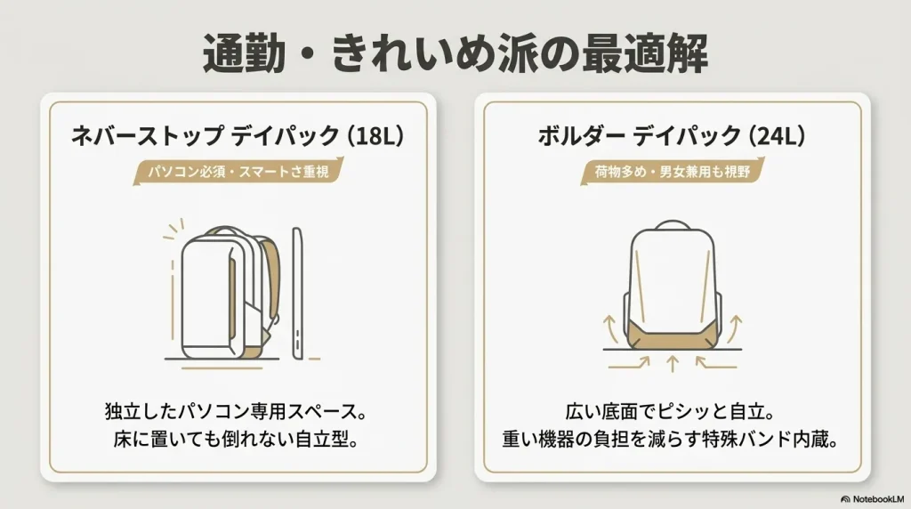 通勤・きれいめ派の最適解となる自立型リュック 。スマートさ重視の「ネバーストップデイパック(18L)」と、荷物多めの方に適した「ボルダーデイパック(24L)」 。