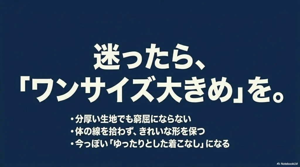 迷ったら、「ワンサイズ大きめ」を。 分厚い生地でも窮屈にならない、体の線を拾わず、きれいな形を保つ 。今っぽい「ゆったりとした着こなし」になる 。