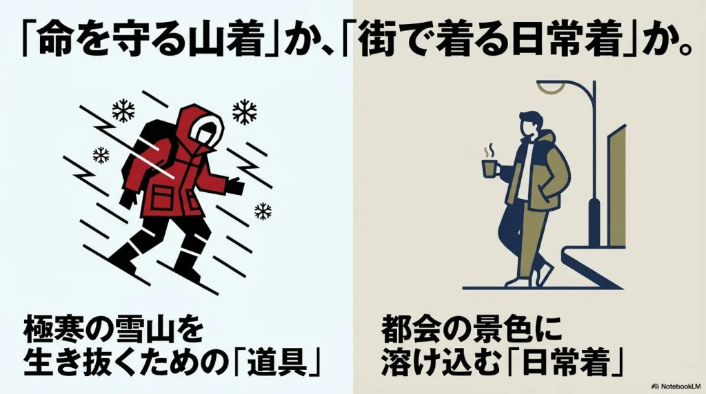 極寒の雪山を生き抜くための「道具」である山着と、都会の景色に溶け込む「日常着」のコンセプト比較