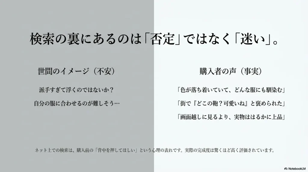 派手で合わせにくそうという世間のイメージに対し、実物は上品で服に馴染むという購入者の高い評価