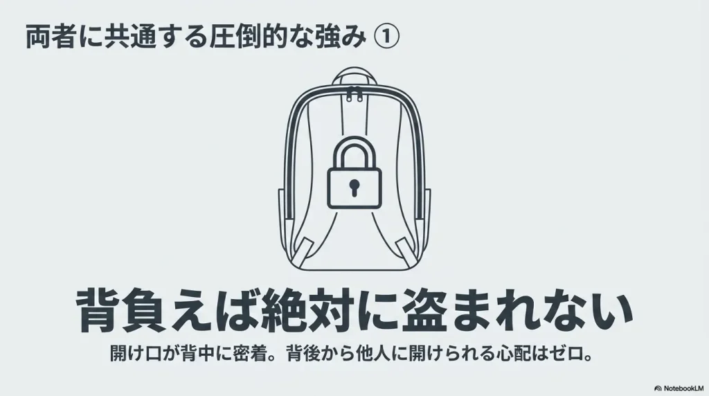 開け口が背中に密着して背後から開けられないコンパスの防犯構造