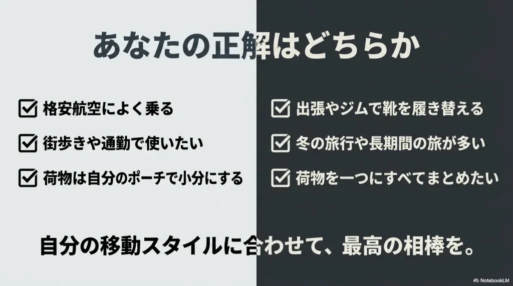 自身の移動スタイルに合わせてコンパス30か40を選ぶためのチェックリスト