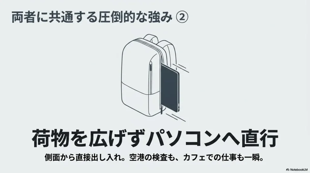 側面から直接ノートPCを出し入れできる独立した収納スペース