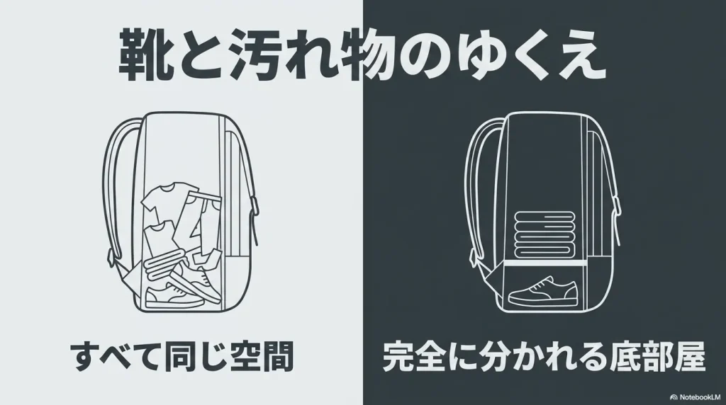コンパス40の底に配置された靴や汚れ物を完全に分けるアクティブシールド構造