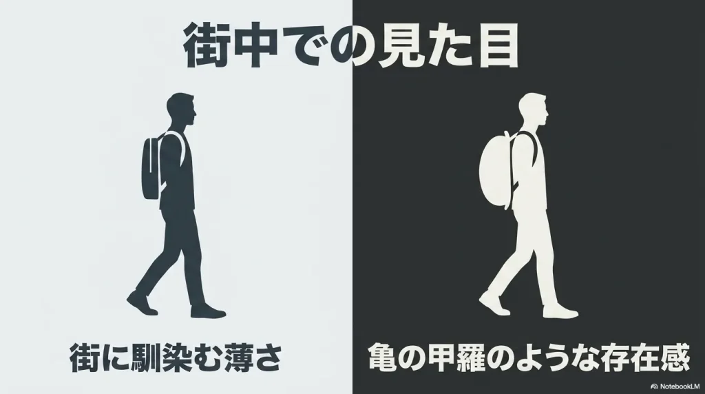 街中でバックパックを背負った際の見た目とシルエットの比較