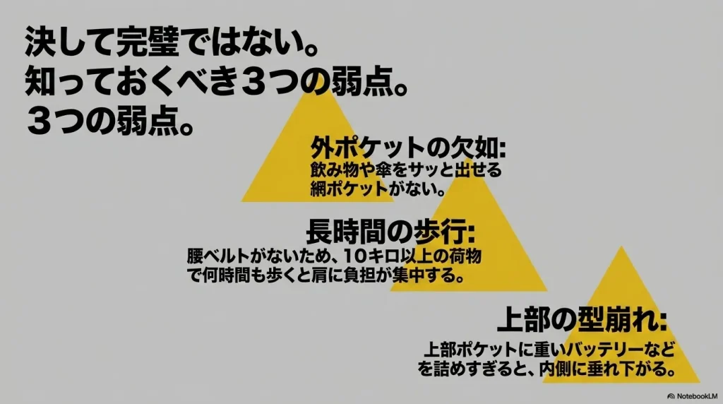 コンパス40の知っておくべき3つの弱点：外ポケットの欠如、長時間の歩行による肩への負担、上部の型崩れ  