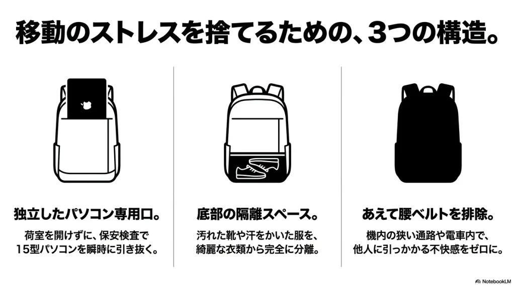コンパス40の移動のストレスを捨てる3つの構造：独立したパソコン専用口、底部の隔離スペース、腰ベルトの排除
