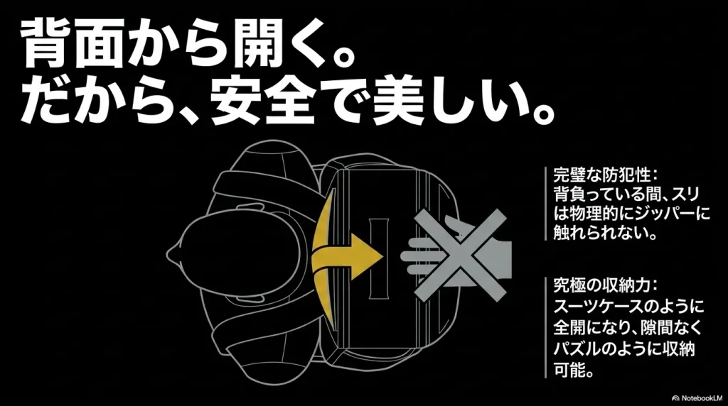 コンパス40の背面から開く構造による完璧な防犯性と、パズルのように収納できる究極の収納力