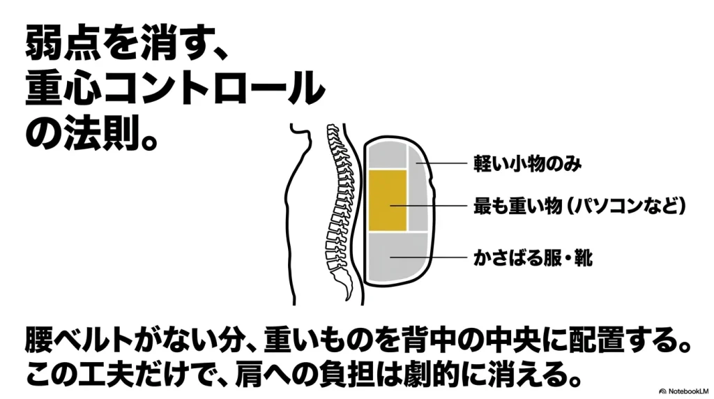 コンパス40の弱点を消すパッキング術。重いものを背中の中央に配置する重心コントロールの法則