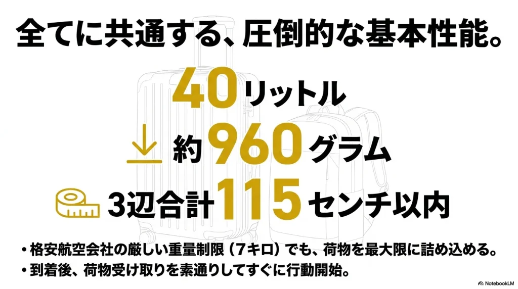 コンパス40のスペック：容量40リットル、重量約960グラム、3辺合計115センチ以内で機内持ち込み対応