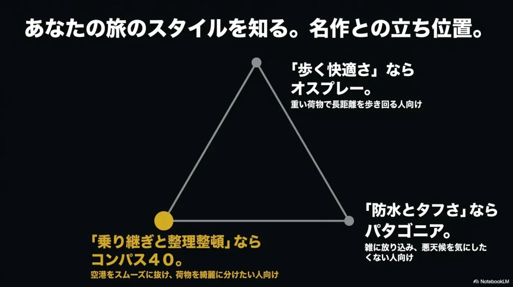 コンパス40、オスプレー、パタゴニアのトラベルバックパック名作との立ち位置比較と選び方