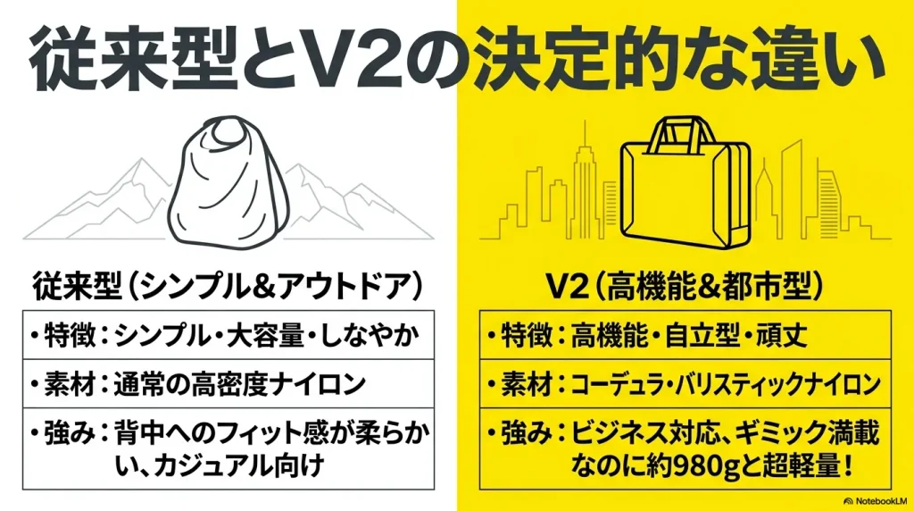シンプルでアウトドア向けの従来型マイティーデイと、高機能で都市型のV2における決定的な違いと特徴の比較
