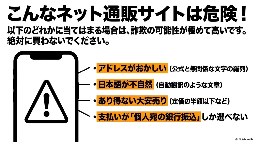 アドレスや日本語が不自然など、偽物を販売する危険な詐欺通販サイトの特徴