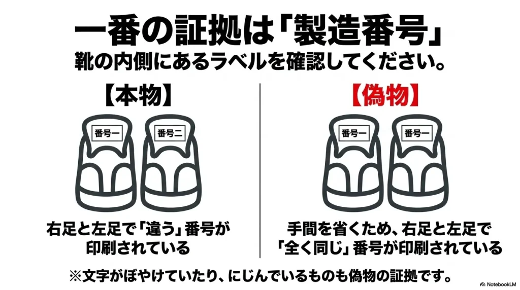靴の内側ラベルの製造番号での見分け方。本物は左右で違う番号、偽物は同じ番号