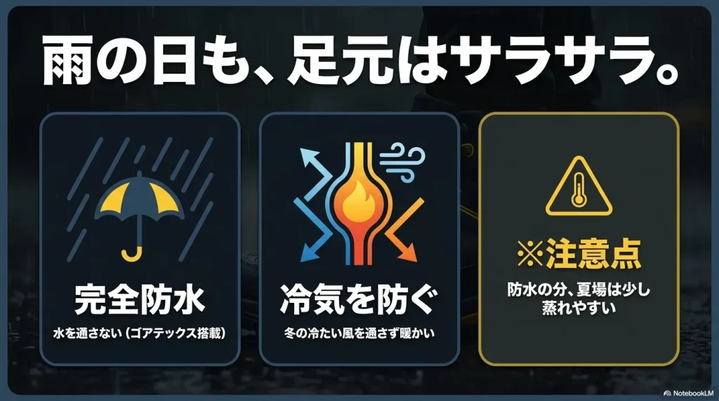 ゴアテックス搭載による完全防水と防風性、および夏場の蒸れやすさの注意点を示すGTXモデルの特徴