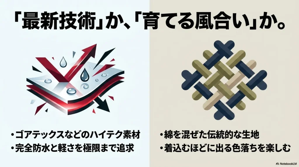 ゴアテックスなどのハイテク素材を追求する通常モデルと、着込むほどに出る色落ちを楽しむパープルレーベルの素材比較