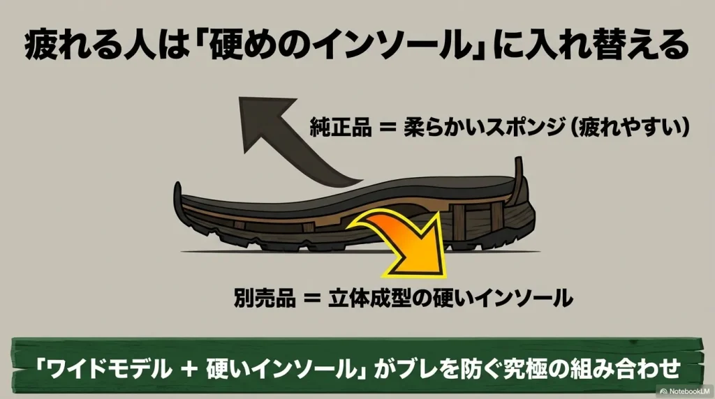 純正の柔らかいスポンジから別売りの硬いインソールに入れ替えて疲労を防ぐカスタマイズ方法