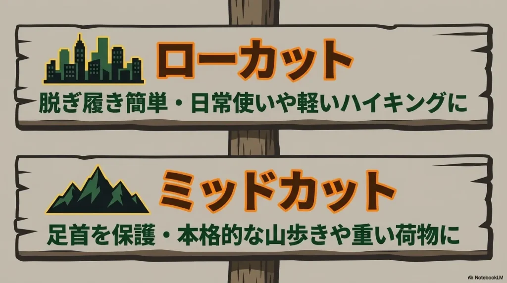 メレル モアブ3のローカットとミッドカットの用途と機能の違い