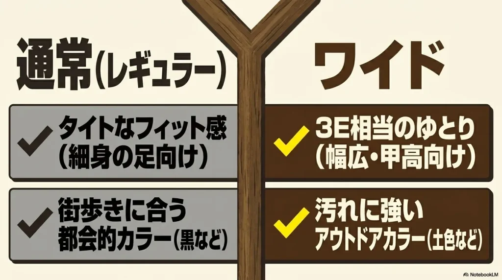 メレル モアブ3の通常モデルとワイドモデルのフィット感とターゲット層の違い
