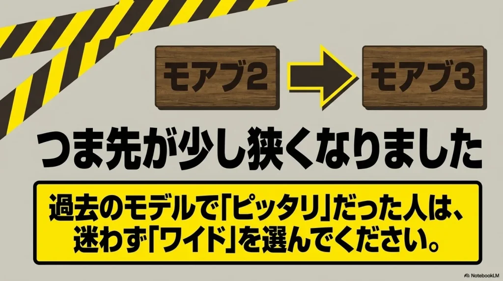 モアブ2からモアブ3へのつま先部分の変化とワイドモデル推奨の理由