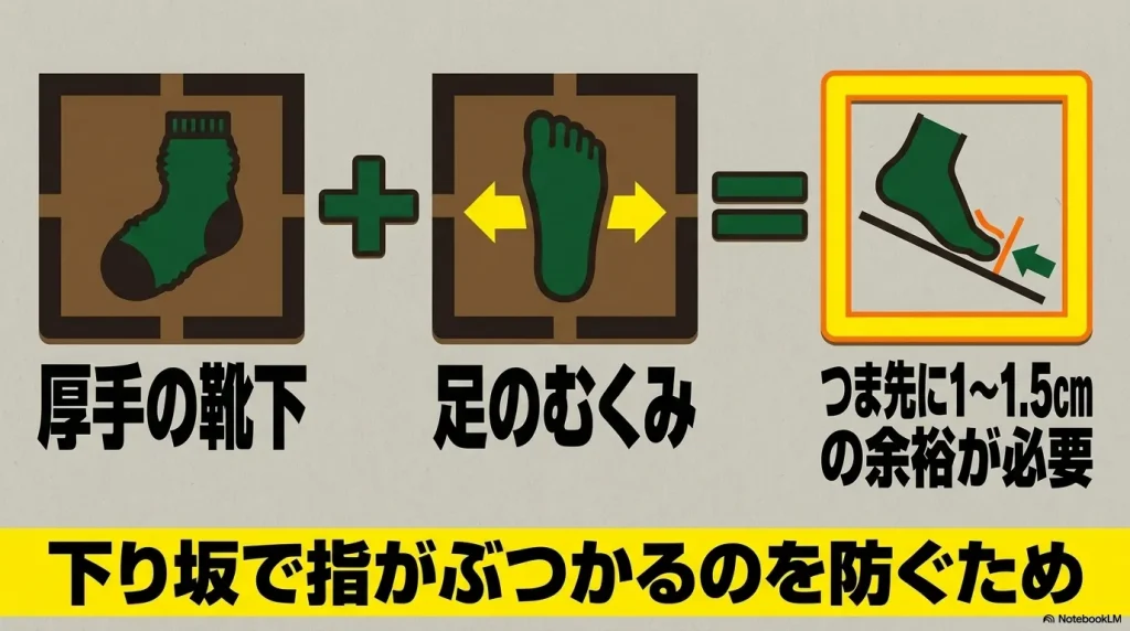 厚手の靴下や足のむくみに備えてつま先に1から1.5センチの余裕が必要な理由
